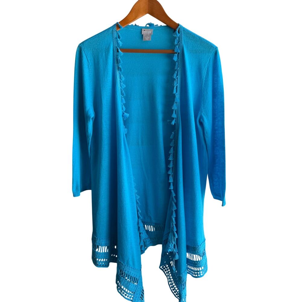 CHICO'S Blue Linen Blend Tassel Trim Open Front Cardigan Boho Sweater Size 1